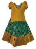 Green and Mustard Color Chanderi Pattu Pavada Available In Three Sizes