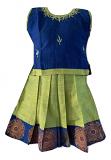 Green and Blue Raw Silk Pattu Pavada Size 12 - 0 to 6 months