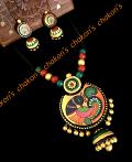 Kalamkari Peacock Terracotta necklace w/Jumkas statement Partywear set