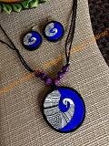 Trendy Peacock pendant  w/earrings- orange & black peacock terracotta set