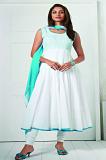 White & Radium Woven Cotton Readymade Churidar Kameez Suit