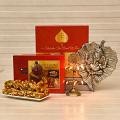 Ganesha Wall Hanging w/ Peacock Standing Diya & Pack of Karachi Halwa Ganesha Wall Hanging w/ Peacock Standing Diya & Pack of Karachi Halwa