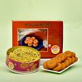 Designer Zari Work Bhaiya and Lumba Rakhi with Kesar Peda & Kaju Mix Namkeen