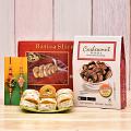 Rakhi Gift Hamper, 2 Beaded Rakhi w/ Batisa Slice & Masala Cashews Rakhi Gift Hamper, 2 Beaded Rakhi w/ Batisa Slice & Masala Cashews