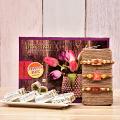 Divine 3 Beaded Rakhis w/ Chhappan Bhog Pista Roll Gift Hamper Divine 3 Beaded Rakhis w/ Chhappan Bhog Pista Roll Gift Hamper