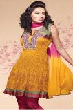 Yellow & Pink Cotton Readymade Churidar Kameez Suit