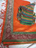 Festive Orange Banaras Saree w/ Green Border & Stitched Blouse Festive Orange Banaras Saree w/ Green Border & Stitched Blouse