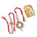 Fancy Lumba Rakhi With Cool Pista and Peach Color Stone + Roli & Chaval 
