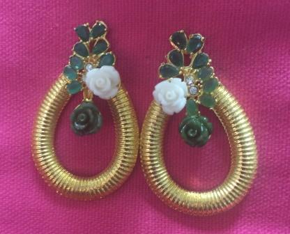 Trendy Golden Earring w/ Flower & Leaves Design Green Stones # 3