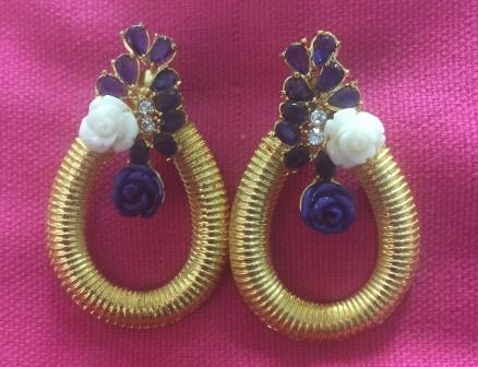 Golden Alluring Earring w/ Flower & Leaves Design Stone Work # 4