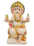 White Fiber in Marble Finishing  W/Golden Color Ganesh Statue W/Mouse - 9"