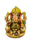 Beautiful Ganesh in Fiber W/Wooden Finish & Colorful Statue - 7" # 1