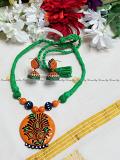Simple Terracotta jewelry- Orange and green terracotta dori necklace set