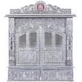 Home Pooja Wooden Mandir with White Oxidized Plated Puja Temple