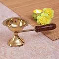 Golden Brass Puja Aarti Diya w/ Wood Handle Golden Brass Puja Aarti Diya w/ Wood Handle