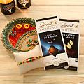 CZ & Stone Rakhi w/ Two Bars of Lindt Chocolate & Puja Thali CZ & Stone Rakhi w/ Two Bars of Lindt Chocolate & Puja Thali