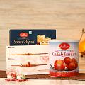 Rakhi Gift Hamper for Brother, Two Rakhis w/ Soanpapdi & Gulab Jamun Rakhi Gift Hamper for Brother, Two Rakhis w/ Soanpapdi & Gulab Jamun