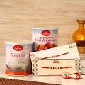 Rakhi Gift Hamper for Brother, Two Rakhis w/ Rasgulla & Gulab Jamun Rakhi Gift Hamper for Brother, Two Rakhis w/ Rasgulla & Gulab Jamun