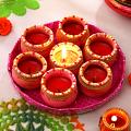 Traditional Decorative Tray of Painted Clay Diyas Traditional Decorative Tray of Painted Clay Diyas