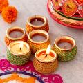 Set of 12 Laced Painted Clay Diyas for Diwali Decor & Gift Set of 12 Laced Painted Clay Diyas for Diwali Decor & Gift
