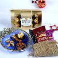 Bhaidooj Tikka Gift w/ Ferrero Rocher & Dryfruits in White Metal Bowl Bhaidooj Tikka Gift w/ Ferrero Rocher & Dryfruits in White Metal Bowl