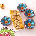 Set of 4 Flower Shaped Clay Diyas w/ 450 Gms Dryfruit Cassata Roll