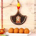 Diya Shaped Ganesha Wall Hanging w/ Besan Laddoo Diya Shaped Ganesha Wall Hanging w/ Besan Laddoo