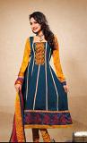 Navy Blue & Mustard Multicolor Georgette & Silk Blend Unstitched Dress Material