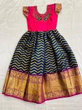 Pure banarasi Silk Blue Embroidery Work Long Frock For Kids 26 chest Pure banarasi Silk Blue Embroidery Work Long Frock For Kids 26 chest