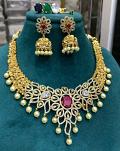 Changeable Stone Gold Finish Floral Big Necklace with Jhumkas- 4 Colors-Red Changeable Stone Gold Finish Floral Big Necklace with Jhumkas- 4 Colors-Red