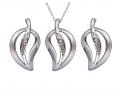 Silver Plated CZ Crystals Jewelry Set w/ Leaf Pendant & Earrings