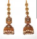 Oxidized Gold Finish Pearls Accented Jhumka Earrings with support chain
