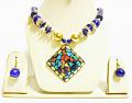 Blue Mosaic Pendant Earrings Jewelry Set w/ Stone Bead Work