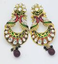 Red & green peacock meenakari jadau ethnic style earrings