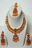 Orange & Red w/ Gold Color Stone Studded Pendant Set