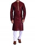 Ethnic Mens Party Wear Kurta Pajama Set in Maroon Silk