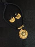 Flower pendant in Gold & Black w/earrings-Terracotta jewelry