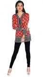 Red Crepe Traditional Print Full Sleeve Short Tunic Kurti S - 4XL