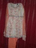 Cotton White & Orange Net Sleeves Girls Churidar Kurta