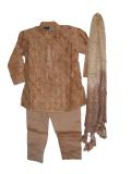 Children's Kurta Pajama In Gold, Green & Brown With Zari Work