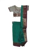 Indian Ready-made Silk Sari For Girls In Cream & Green Indian Ready-made Silk Sari For Girls In Cream & Green