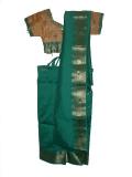 Saree Blouse For Girls, Pre-stitched Blue-Green & Tan Silk Sari