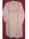 Long White Cotton Printed Indian Kurta W/ Stripes Long White Cotton Printed Indian Kurta W/ Stripes