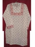 Long White Cotton Printed Indian Kurta W/ Embroidery