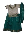Pattu Langa For Girls, Cream Blouse & Green Striped Pavada Pattu Langa For Girls, Cream Blouse & Green Striped Pavada