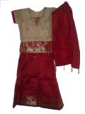 Tan & Red Color Pattu Langa Blouse For Teens & Kids