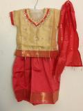 Kids Pattu Pavada In Pretty Coral & Beige Kids Pattu Pavada In Pretty Coral & Beige