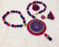 Colorful Pink, Blue & Gold Terracotta Necklace & Jhumkas