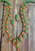Eco-friendly Green, Orange & Gold Clay Necklace & Earrings Set