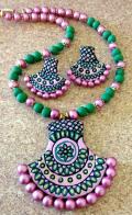 Bright Green & Pink Handcrafted Clay Neckace & Earrings